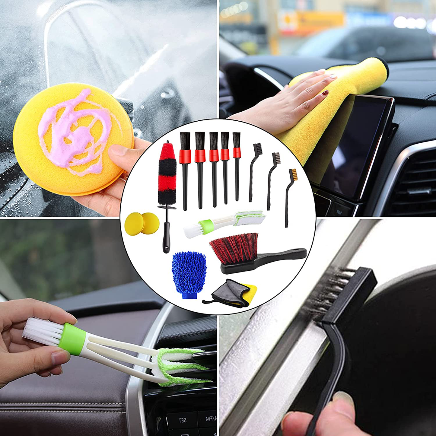 Rynx | Jaronx 15 PCS Car Wheel & Tire Brush Set, 17 Inch Long Handle Rim Brush, Short Handle Wheel Brush, Detailing Brushes, Wash Mitts, Ventilation Dust Brush, Wax Applicator Pads, Wash Cloths, Wash Brushes