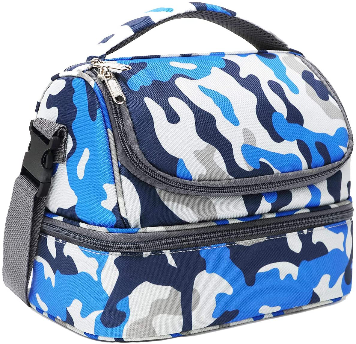 Rynx | Flowfly Kids Lunchbox Double Layer Insulated Lunch Bag Large Tote For Boys, Girls, Men, Women, With Adjustable Strap, Blue Camouflage