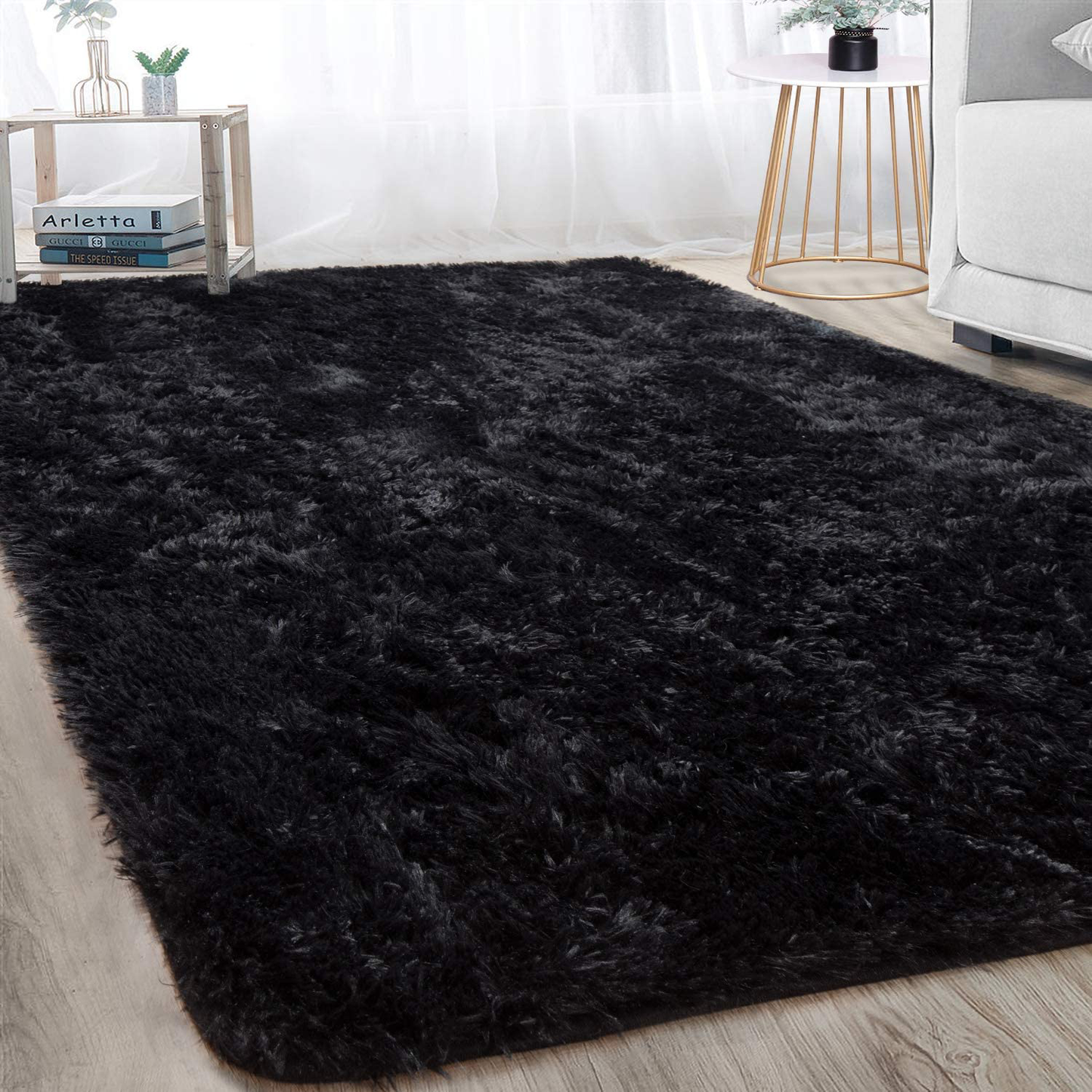 Rynx | Merelax Soft Modern Indoor Large Shaggy Rug For Bedroom Livingroom Dorm Kids Room Home Decorative, Non-Slip Plush Fluffy Furry Fur Area Rugs Comfy Nursery Accent Floor Carpet 5x8 Feet, Black
