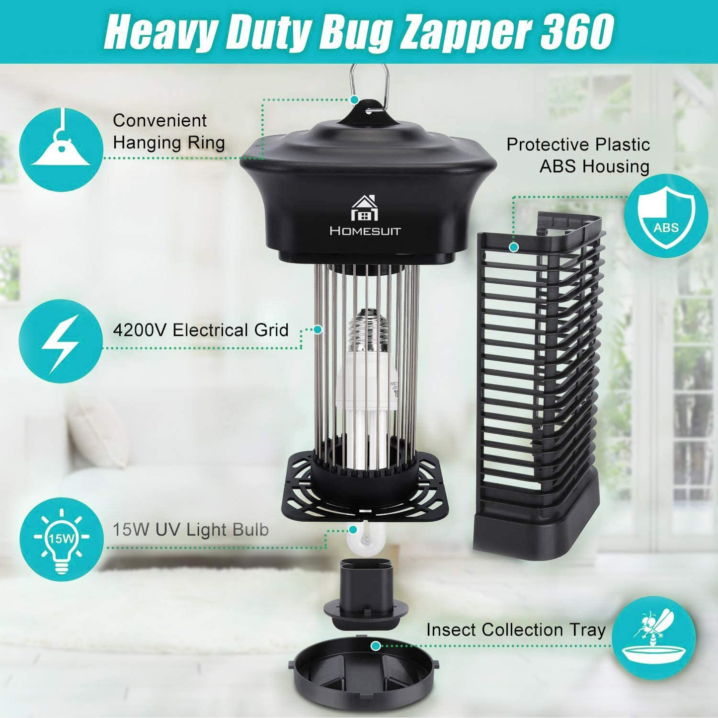 Rynx | Home Suit Bug Zapper 15w For Outdoor And Indoor, High Efficiency 4000v Electric Mosquito Zapper Kills, Waterproof Insect Fly Catcher Outdoor, Electronic Light Bulb Lamp For Home Backyard Terrace