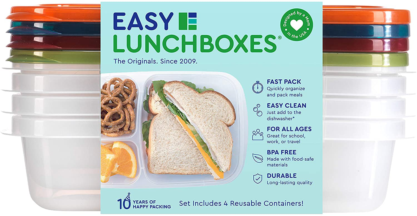 Rynx | Easylunchboxes - Bento Lunch Boxes - Reusable 3-Compartment Food Containers For School, Work, And Travel, Set Of 10, (Jewel Brights)