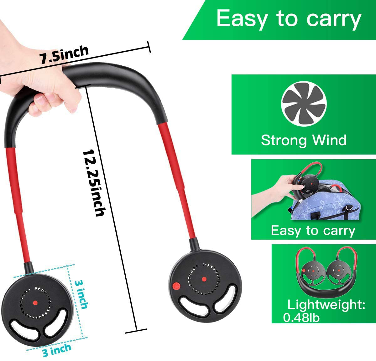 Rynx | Hands-free Portable Neck Fan, Mini USB Bladeless Personal Fan with Neck Hanging Design USB Rechargeable Battery with 3 Speeds Adjustable Airflow, 2 Fan Speeds for Travel Outdoor Office Home Sports