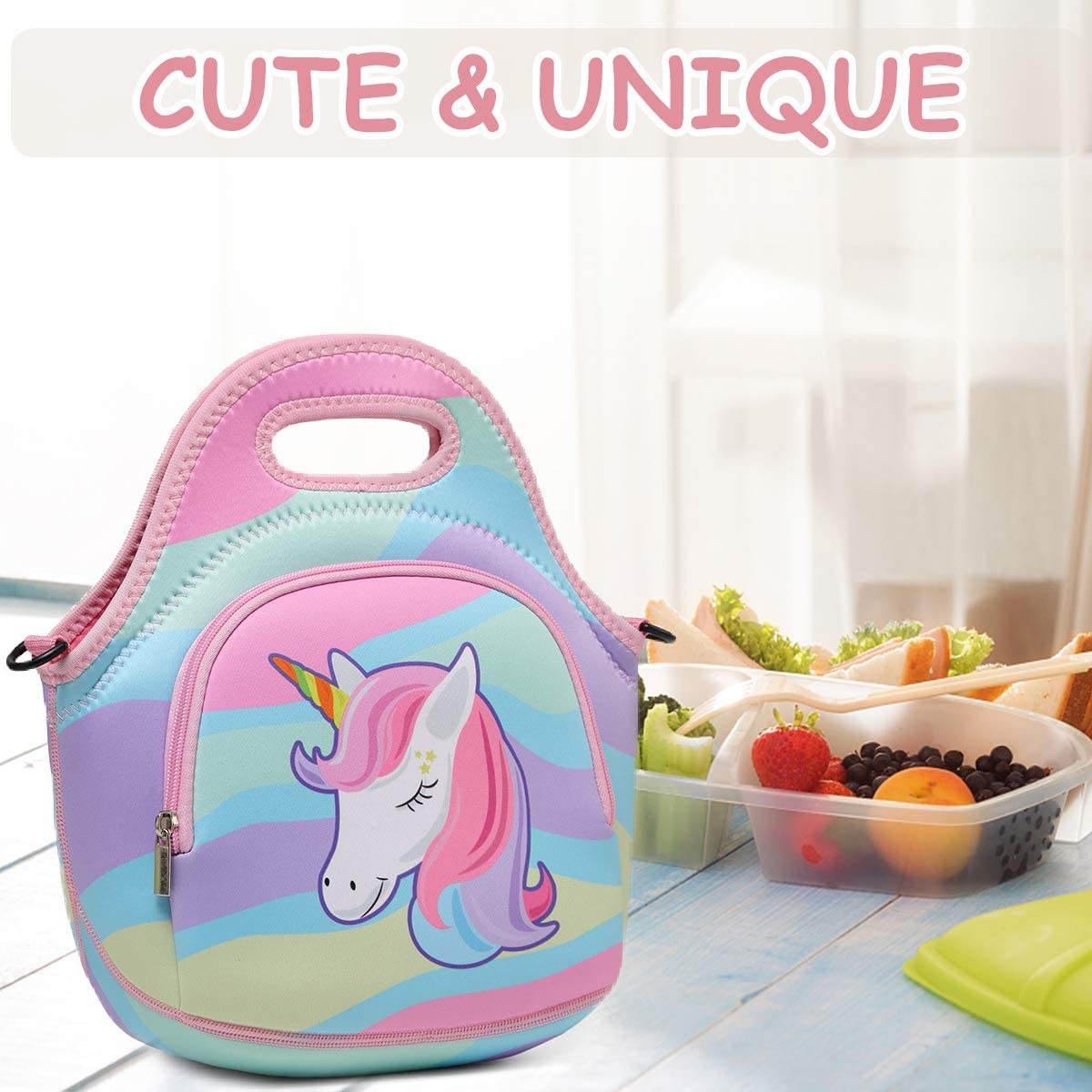 Rynx | Lunch bag for girls, Chasechic cute lightweight neoprene insulated lunch boxes tote for women with detachable adjustable shoulder strap unicorn