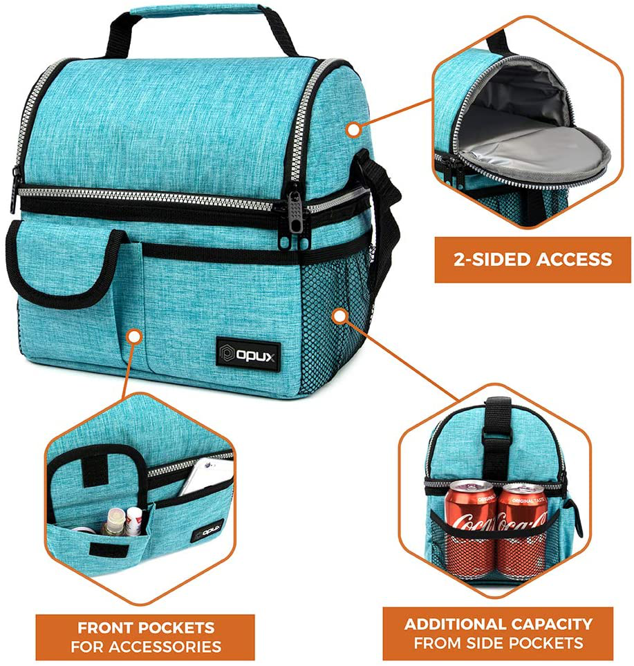Rynx | Opux Insulated Dual Compartment Lunch Bag For Men, Women | Double Deck Reusable Lunch Box Cooler Bag With Shoulder Strap, Soft Leakproof Lining | Large Lunch Box Tote For Work, School (Turquoise)