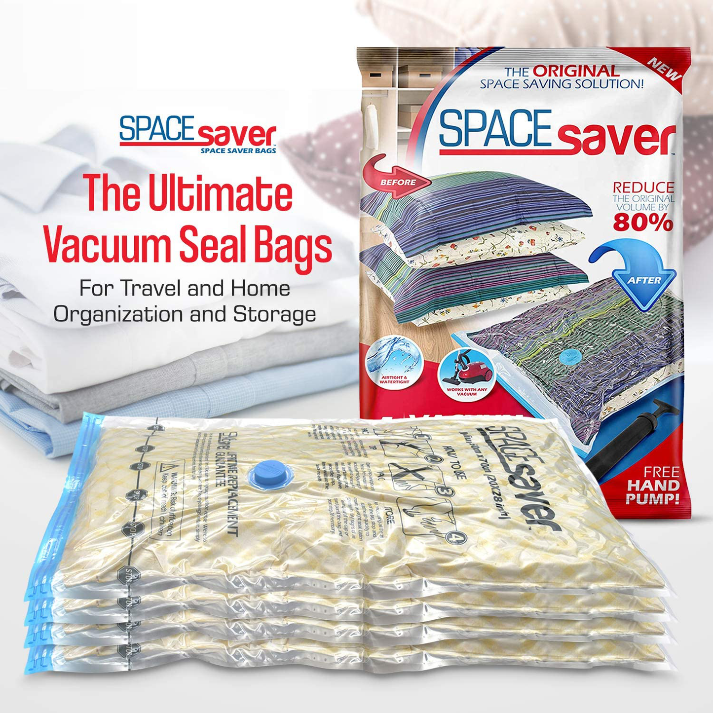Rynx | Spacesaver Premium Vacuum Storage Bags. 80% more storage! Hand pump for travel! Double zipper and triple seal turbo valve for maximum space saving! (Small 6-pack)