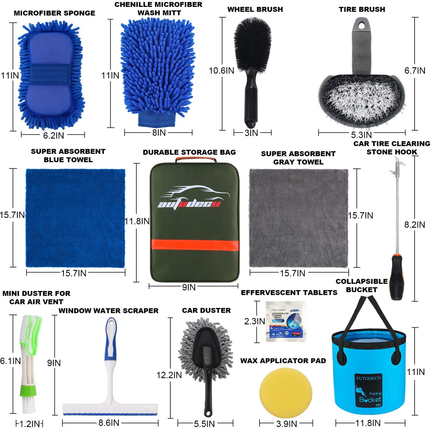 Rynx | AUTODECO 22Pcs Car Wash Cleaning Tool Set Car Detailing Set with Olive Green Leather Bag Foldable Bucket Washing Mitt Sponge Towels Tire Brush Window Scraper Duster Complete Interior Car Care Set