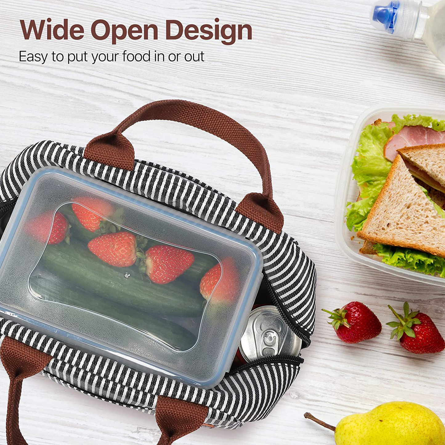 Rynx | Lunch bag, Bagseri Insulated Lunch Bags For Women And Men, With Transparent Phone Holder Pocket, Reusable Lunch Cooler Box Thermal Organizer, Waterproof Lining (Black White Stripes)