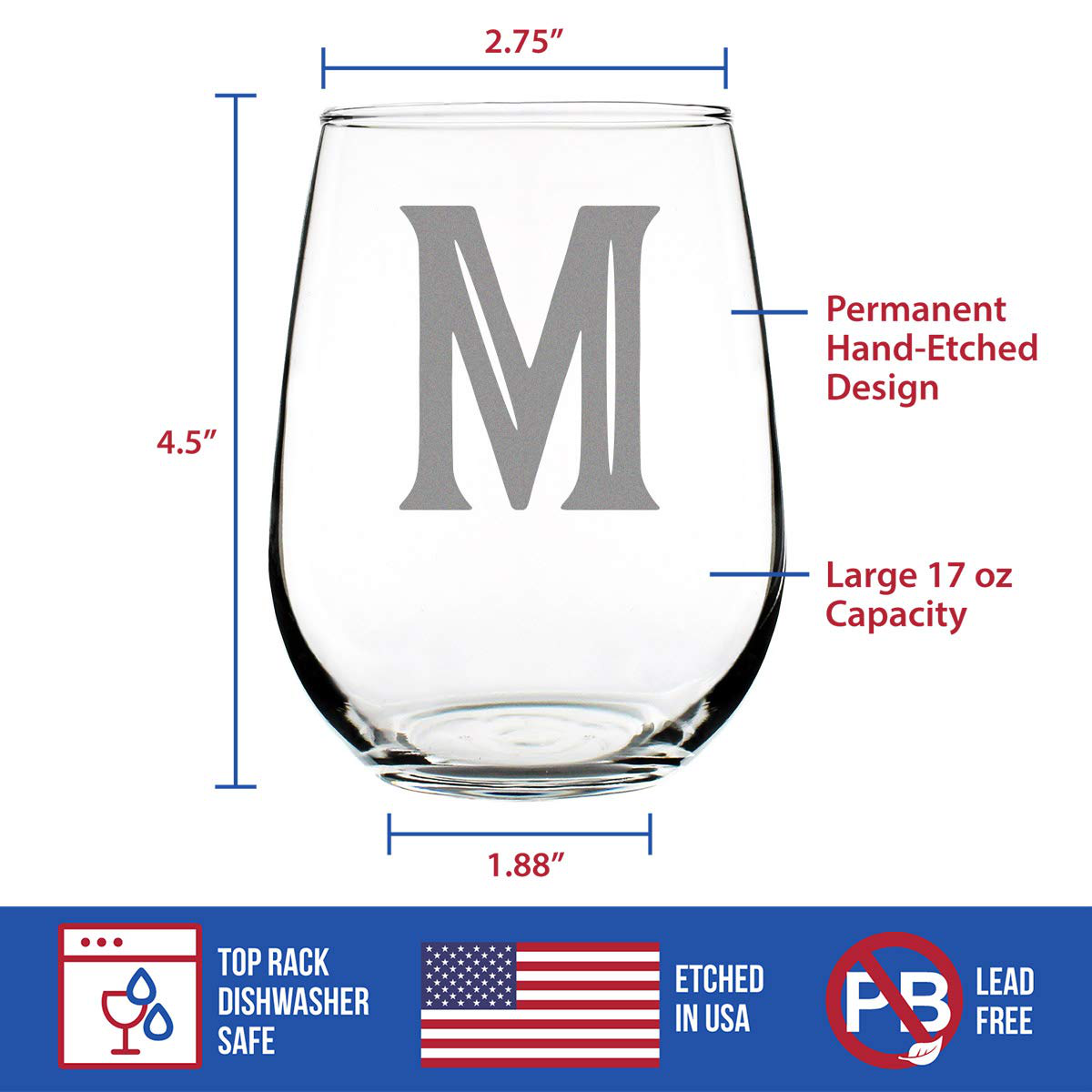 Rynx | Monogram Fet capital letter M - Without stem wine glass - Personalized gifts for women and men - Large engraved glass