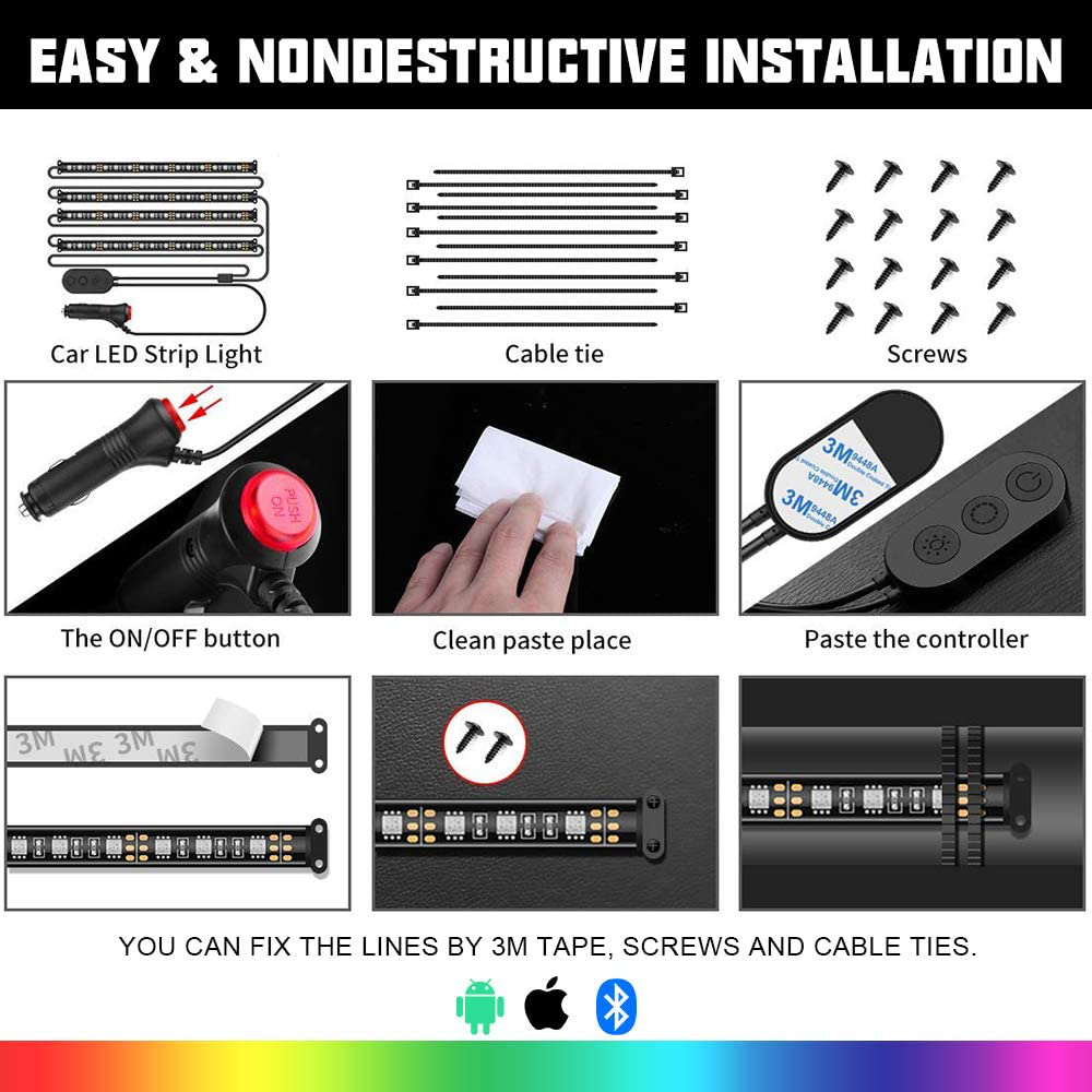 Rynx | SUNPIE Car Interior Light, Car Strips Light with App and Remote Control Waterproof LED Atmosphere Car Light Comes with 48 LED Chip 8.8ft Length Indoor Light with DC 12V Car Charger Sync to Music