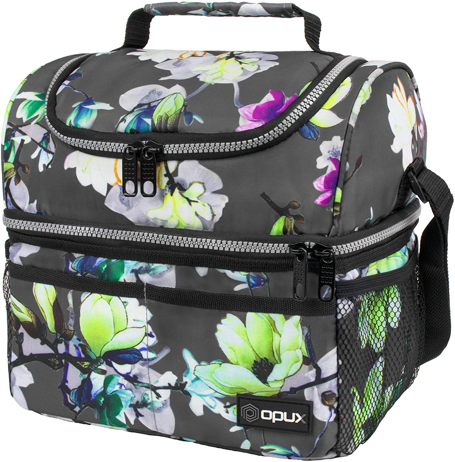 Rynx | Insulated Double Compartment Lunch Bag For Women, Ladies | Double Lid Reusable Lunch Box Cooler With Shoulder Strap, Leakproof Liner | Medium Lunch Bucket For School, Work, Office (Floral Gray)