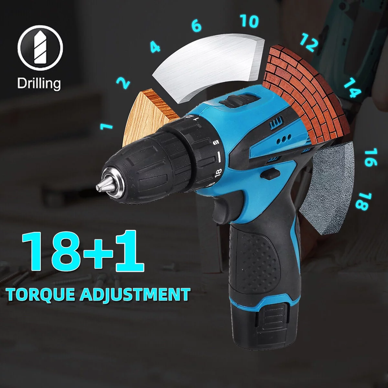 Rynx | 12V Wireless Drill with 42 Accessories with 3/8" Tool-less Chuck, 2 Speeds, 18+1 Positions, Built-in LED