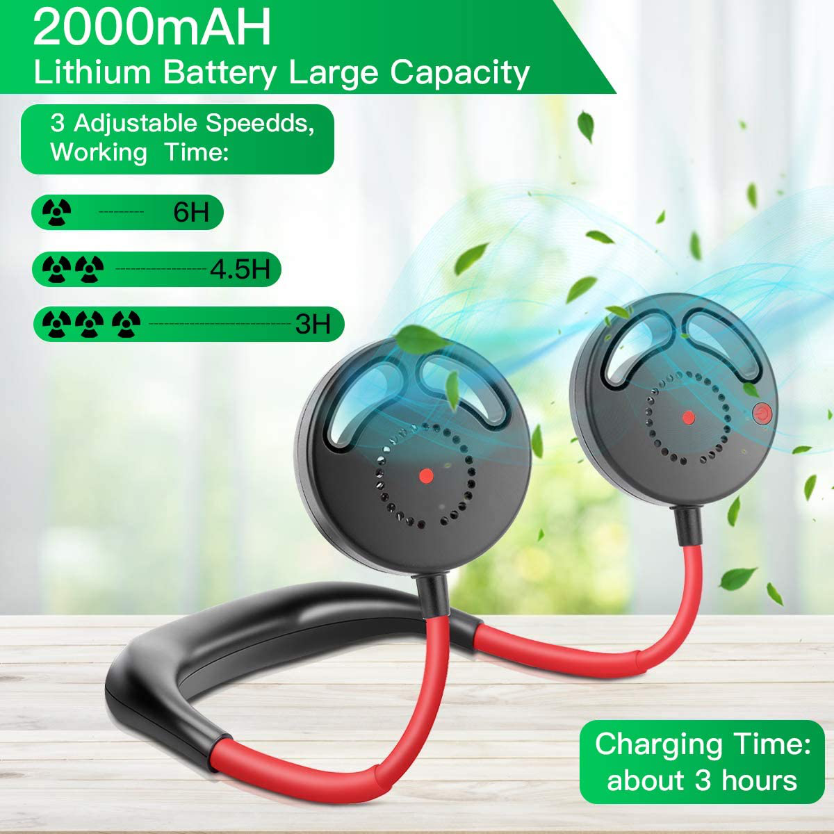 Rynx | Hands-free Portable Neck Fan, Mini USB Bladeless Personal Fan with Neck Hanging Design USB Rechargeable Battery with 3 Speeds Adjustable Airflow, 2 Fan Speeds for Travel Outdoor Office Home Sports