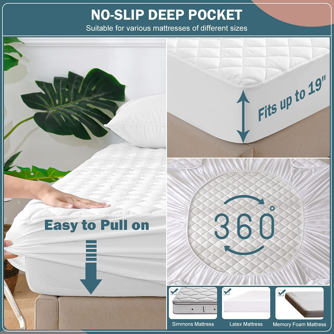 Rynx | UNILIBRA 100% Waterproof Quilted Mattress Protector Twin XL Size, 6''-19'' Deep Pocket Mattress Protector, Breathable, Hole Cotton Alternative Filling Mattress Top Material