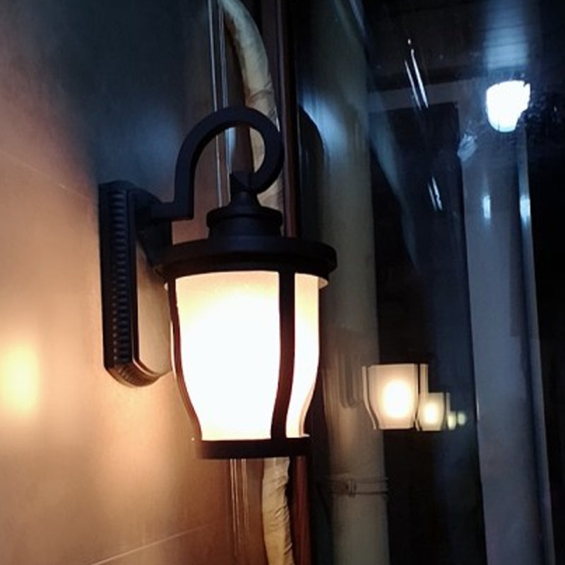 Rynx | Scrolled Arm Metal Wall Lamp Traditional 1 Light Outdoor Wall Lamp in Black with Frosted Glass Shade