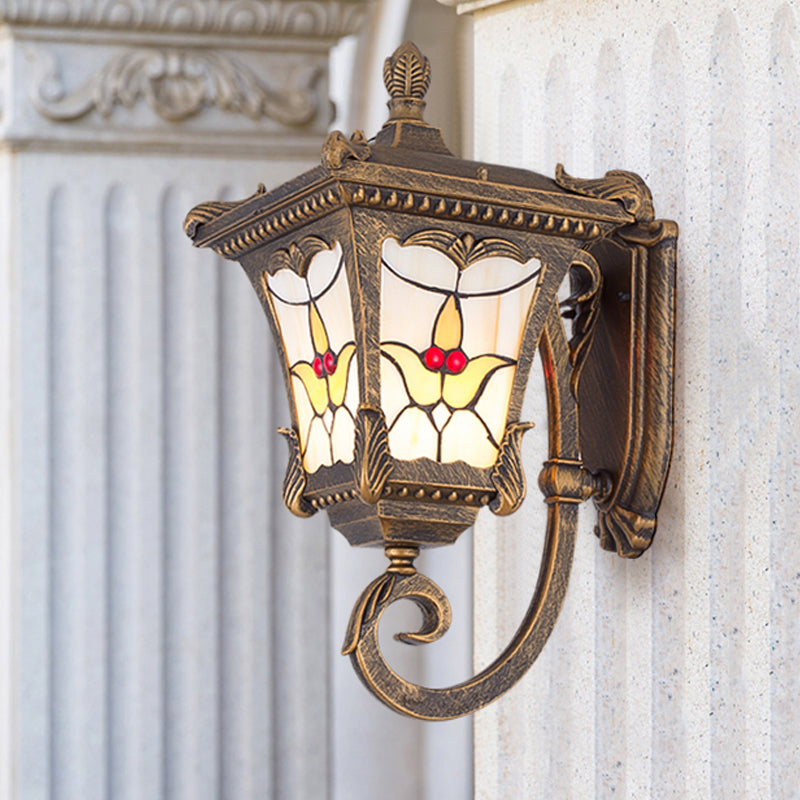 Rynx | Bronze/Rust Red Curved Arm Wall Mounted Light Country Metal 1 Light Courtyard Wall Washer Lighting with Floral Pattern
