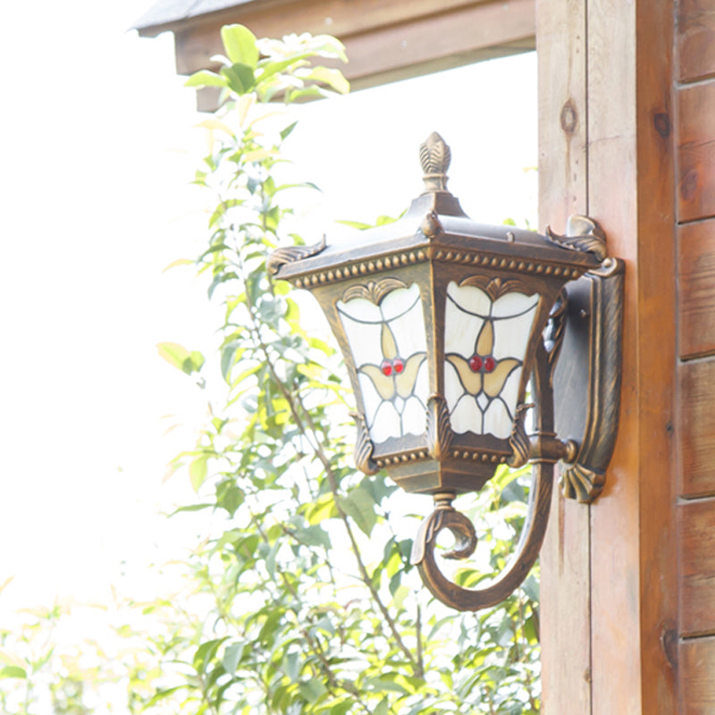 Rynx | Bronze/Rust Red Curved Arm Wall Mounted Light Country Metal 1 Light Courtyard Wall Washer Lighting with Floral Pattern