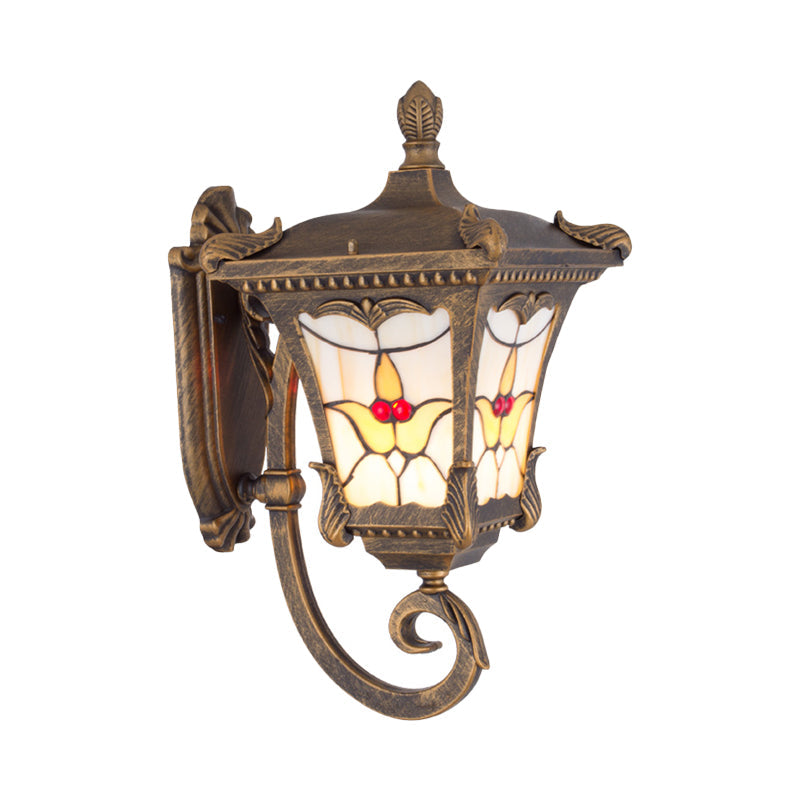 Rynx | Bronze/Rust Red Curved Arm Wall Mounted Light Country Metal 1 Light Courtyard Wall Washer Lighting with Floral Pattern