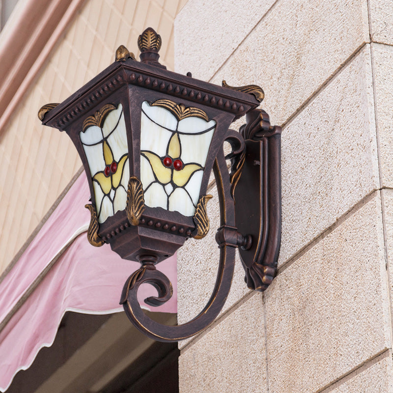 Rynx | Bronze/Rust Red Curved Arm Wall Mounted Light Country Metal 1 Light Courtyard Wall Washer Lighting with Floral Pattern