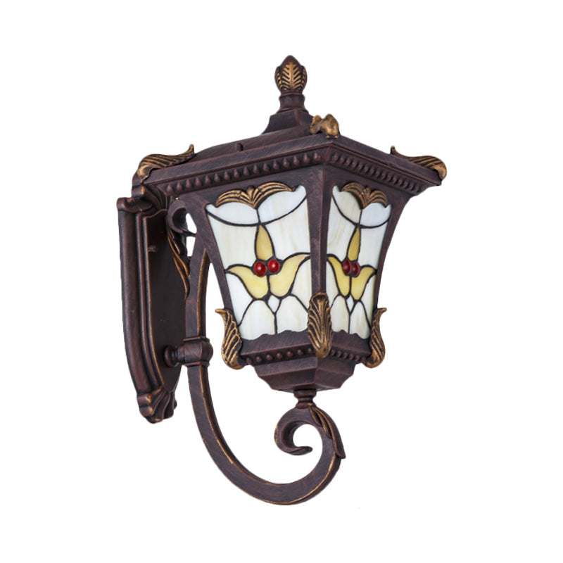 Rynx | Bronze/Rust Red Curved Arm Wall Mounted Light Country Metal 1 Light Courtyard Wall Washer Lighting with Floral Pattern