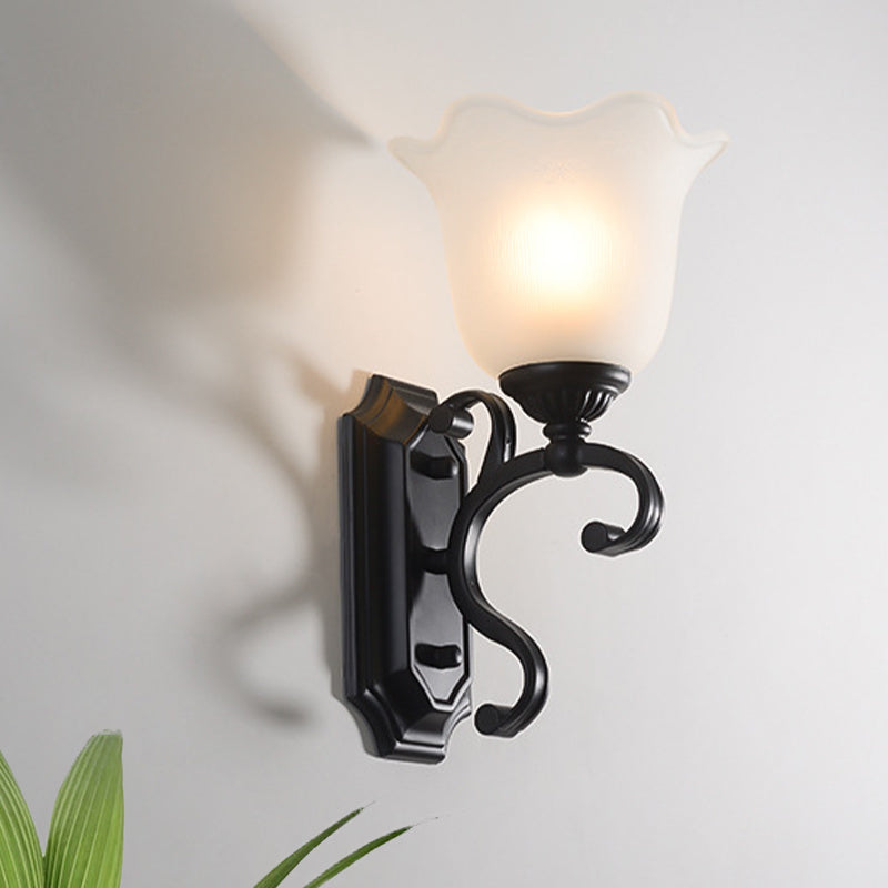 Rynx | Milk Glass Flower Wall Lamp Antique 1-Light Living Room Wall Light Fixture in Black