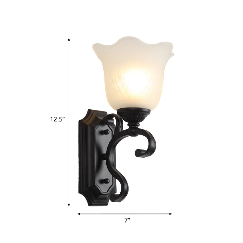 Rynx | Milk Glass Flower Wall Lamp Antique 1-Light Living Room Wall Light Fixture in Black