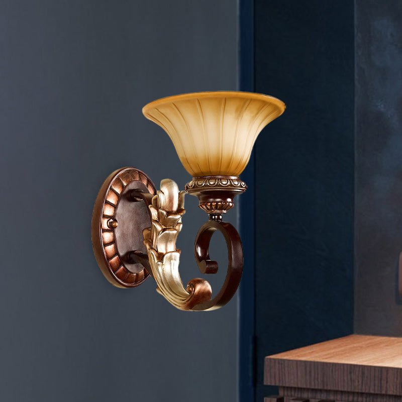 Rynx | Curved Amber Glass Wall Lamp Traditional 1 Light Living Room Wall Lamp in Bronze with Curved Arm