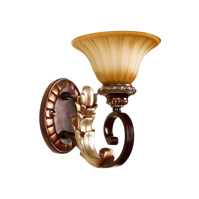 Rynx | Curved Amber Glass Wall Lamp Traditional 1 Light Living Room Wall Lamp in Bronze with Curved Arm