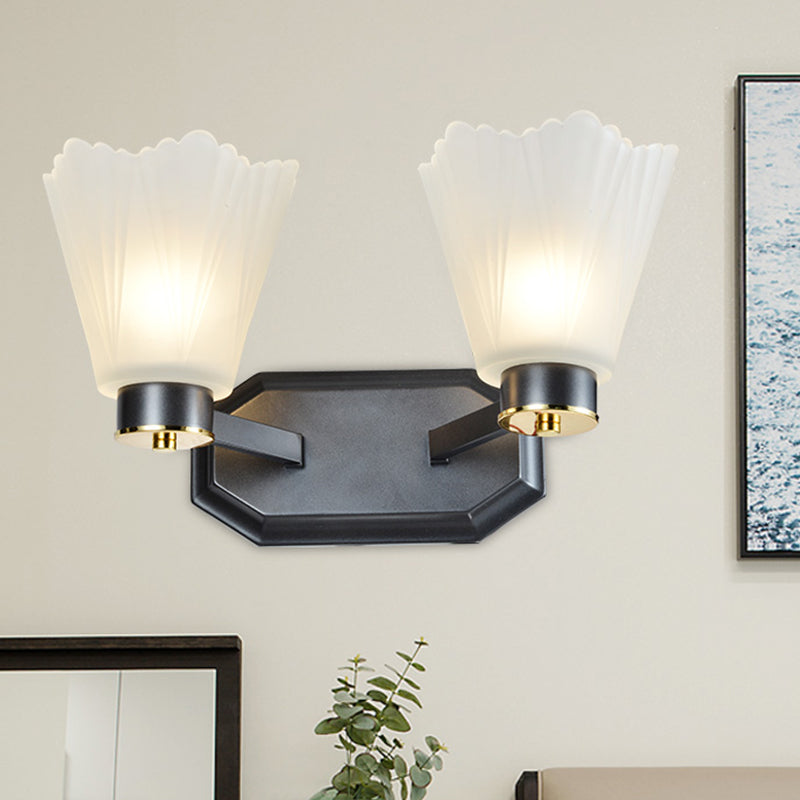 Rynx | Tapered Milk Glass Wall Lighting Retro 1/2 Bulbs Living Room Wall Lamp in Black with Metal Straight Arm
