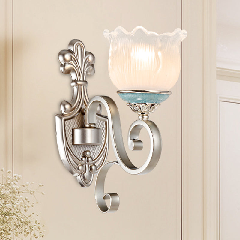 Rynx | Silver 1/2-Head Wall Lighting Traditional Cream Glass Blossom Wall Lamp with Scalloped Arm