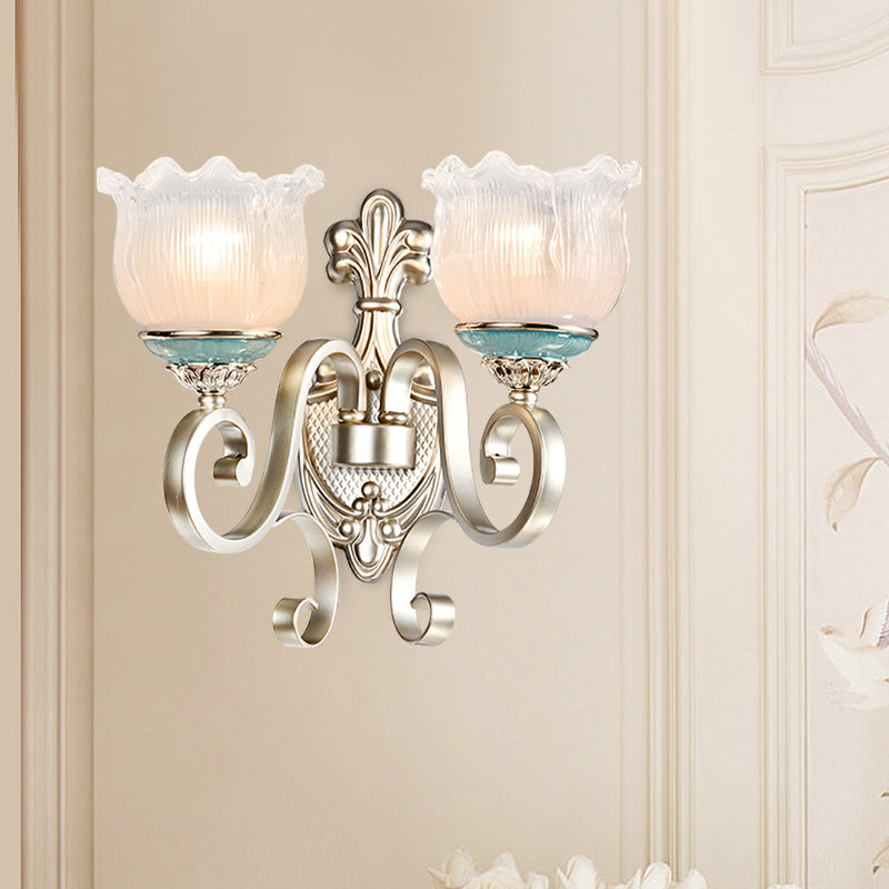 Rynx | Silver 1/2-Head Wall Lighting Traditional Cream Glass Blossom Wall Lamp with Scalloped Arm