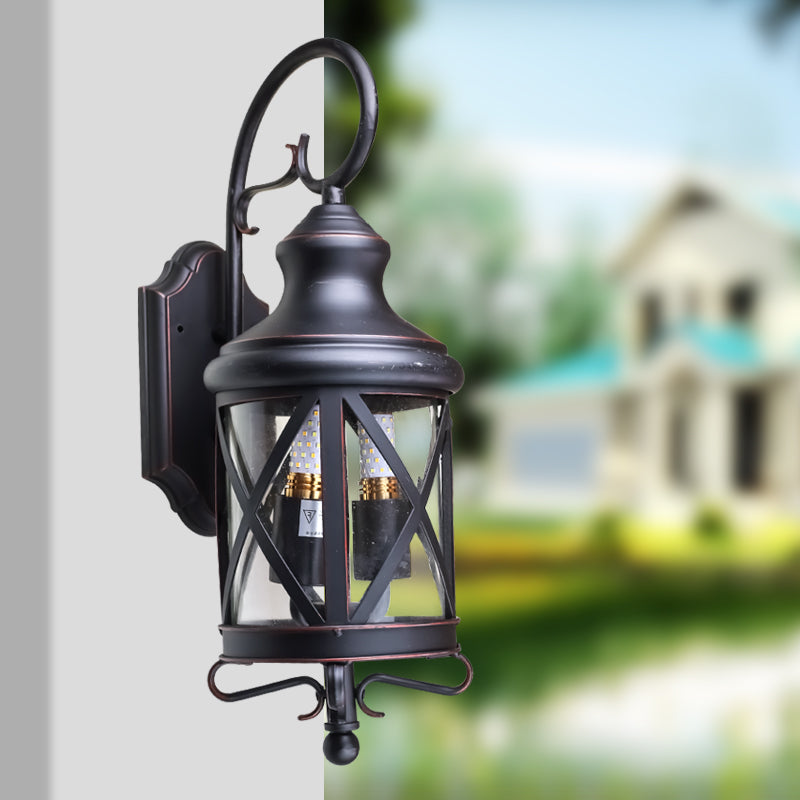 Rynx | Iron Black Wall Lighting Device Lantern 2 Bulbs Rustic Wall Light with Clear Glass Shade
