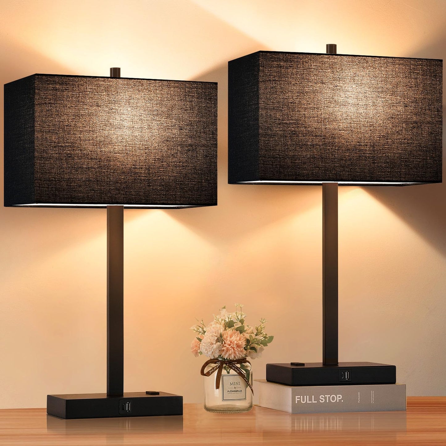 Rynx | Lynnoland 21'' Set with 2 table lamps with 2 USB and AC outlets, touch control 3-step dimmable modern nightstand lamps for living room
