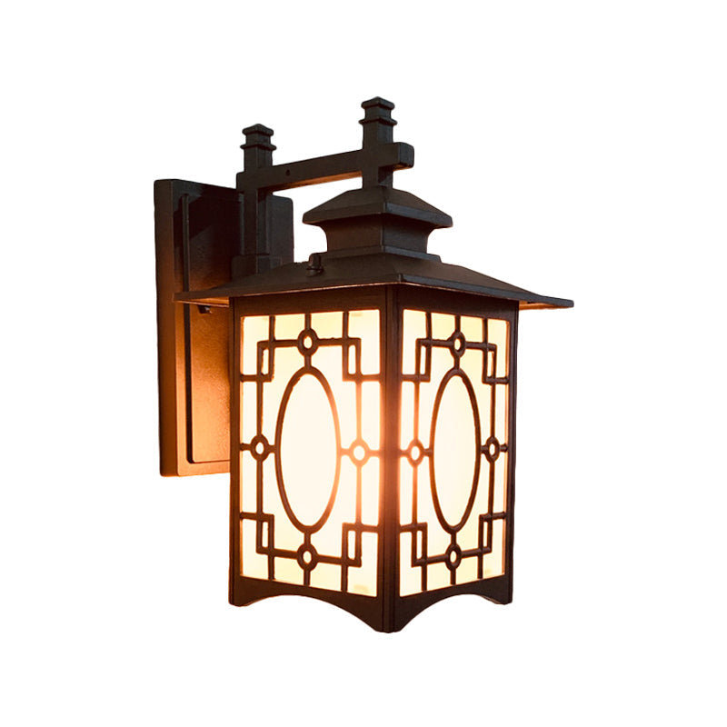 Rynx | 1 Cup Frosted Glass Wall Lighting Rustic Black/Bronze Lantern Shaped Courtyard Wall Lamp