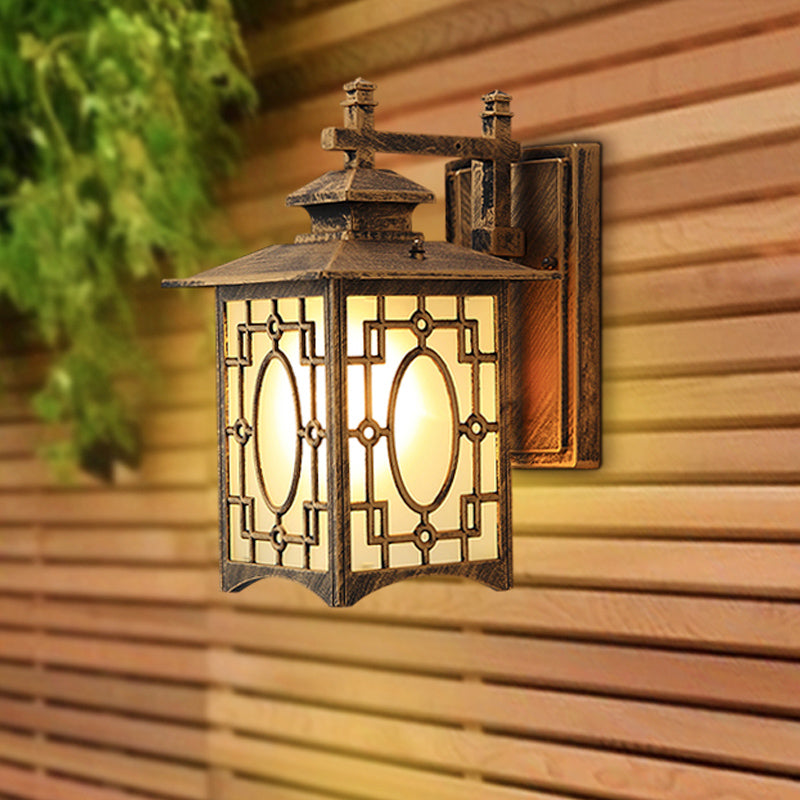 Rynx | 1 Cup Frosted Glass Wall Lighting Rustic Black/Bronze Lantern Shaped Courtyard Wall Lamp