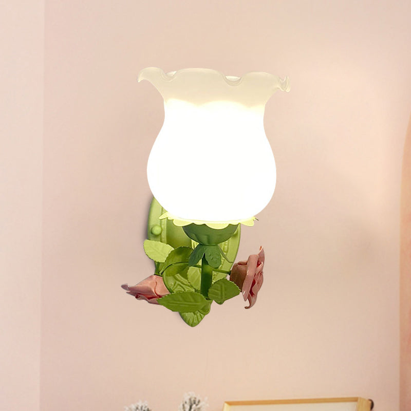 Rynx | 1 Light Sconce Light Fixture with Flower Glass Rustic Bedroom Wall Lamp with Bloom Deco in White/Green