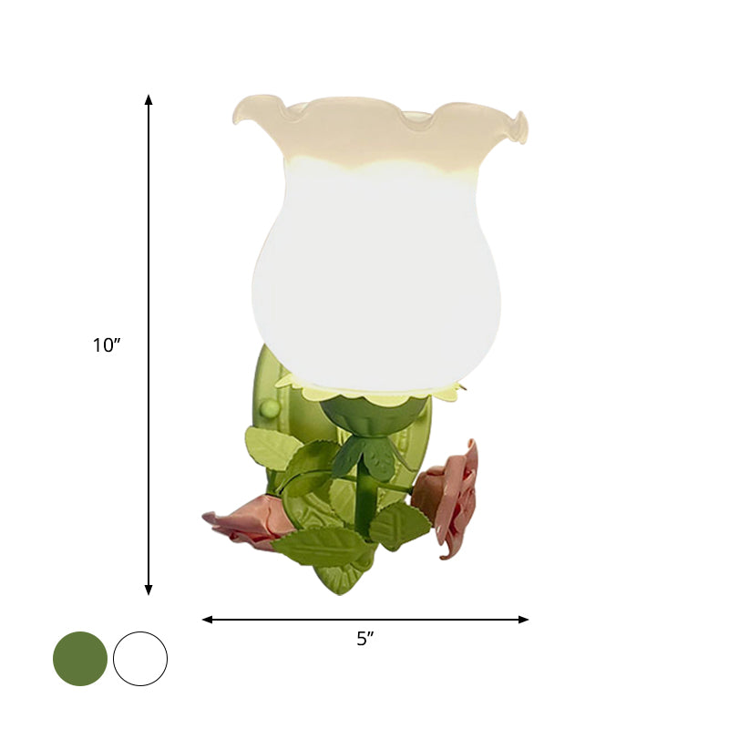Rynx | 1 Light Sconce Light Fixture with Flower Glass Rustic Bedroom Wall Lamp with Bloom Deco in White/Green