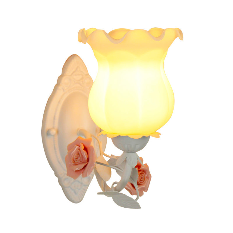 Rynx | 1 Light Sconce Light Fixture with Flower Glass Rustic Bedroom Wall Lamp with Bloom Deco in White/Green