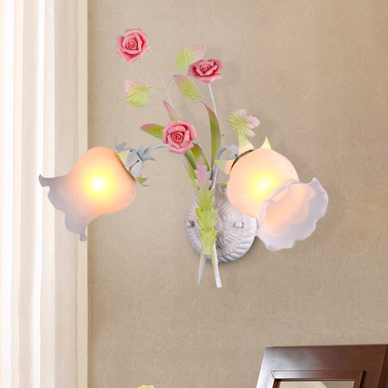 Rynx | Floral Wall Lamp Country 2 Lights Opal Glass Wall Lamp Fixture with Flower Deco in Green/White/Pink