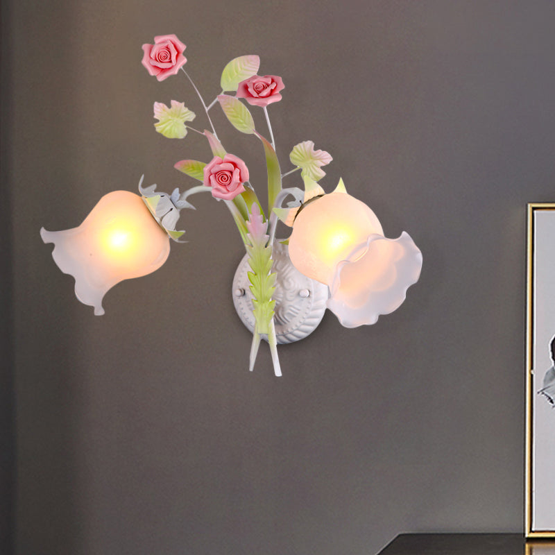Rynx | Floral Wall Lamp Country 2 Lights Opal Glass Wall Lamp Fixture with Flower Deco in Green/White/Pink