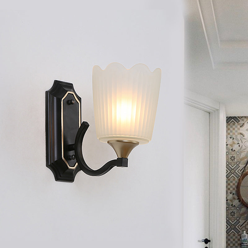Rynx | 1/2-Light Scalloped Cup Wall Lamp Vintage Black Finish Frosted Glass Wall Mount Lamp