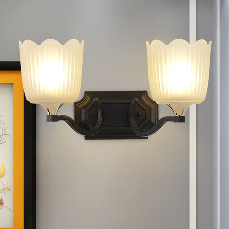 Rynx | 1/2-Light Scalloped Cup Wall Lamp Vintage Black Finish Frosted Glass Wall Mount Lamp