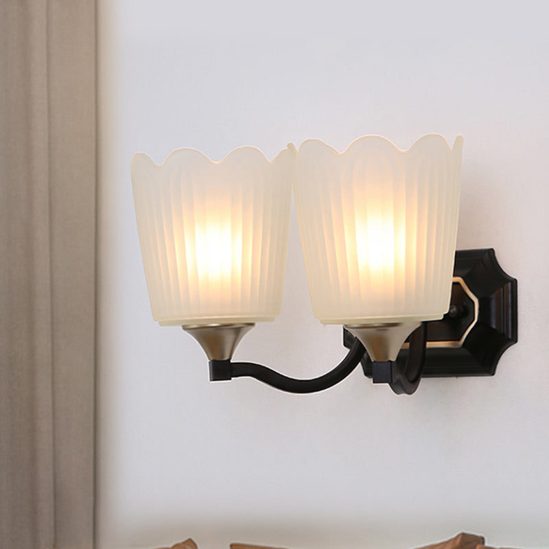 Rynx | 1/2-Light Scalloped Cup Wall Lamp Vintage Black Finish Frosted Glass Wall Mount Lamp