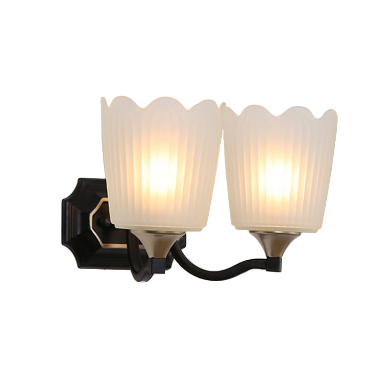 Rynx | 1/2-Light Scalloped Cup Wall Lamp Vintage Black Finish Frosted Glass Wall Mount Lamp