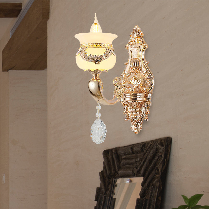 Rynx | Gold Candle Holder Wall Light Traditional Jade 1/2-Light Living Room Wall Lamp with Hanging Crystal