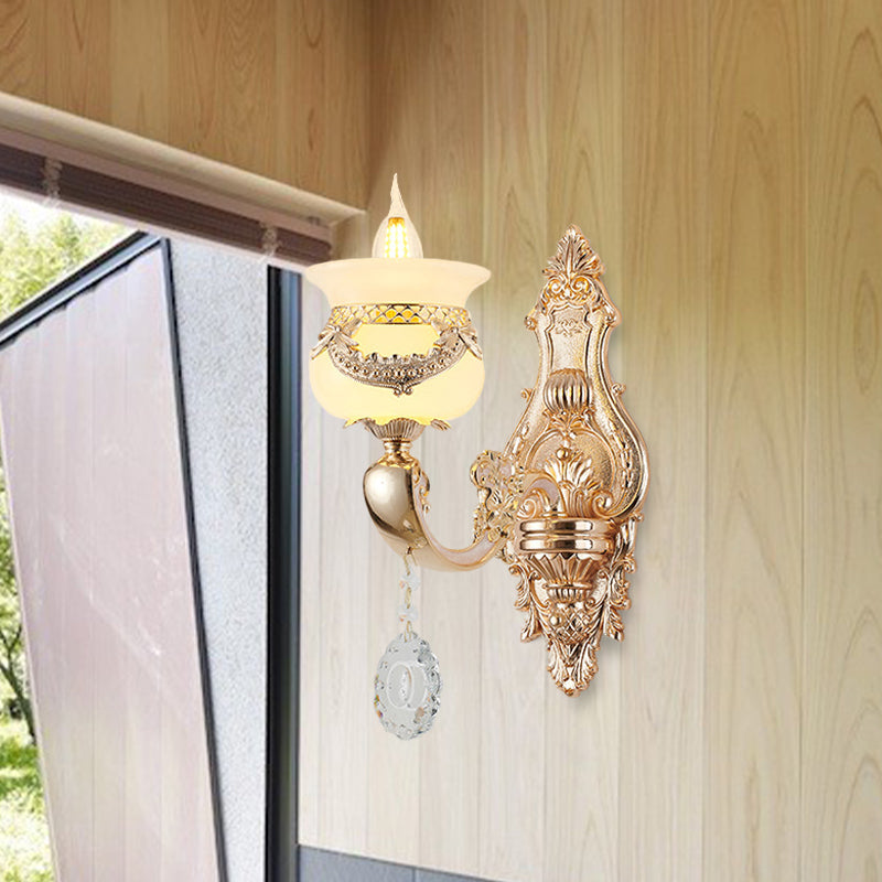 Rynx | Gold Candle Holder Wall Light Traditional Jade 1/2-Light Living Room Wall Lamp with Hanging Crystal