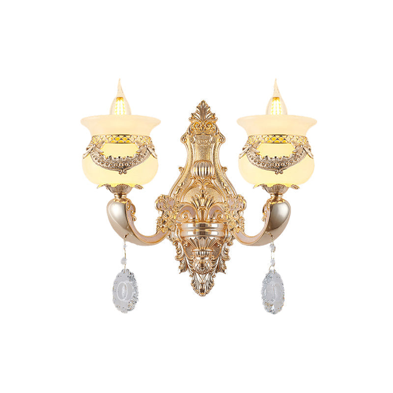 Rynx | Gold Candle Holder Wall Light Traditional Jade 1/2-Light Living Room Wall Lamp with Hanging Crystal