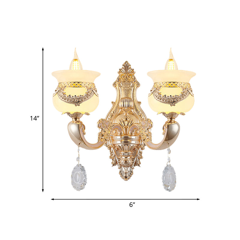 Rynx | Gold Candle Holder Wall Light Traditional Jade 1/2-Light Living Room Wall Lamp with Hanging Crystal