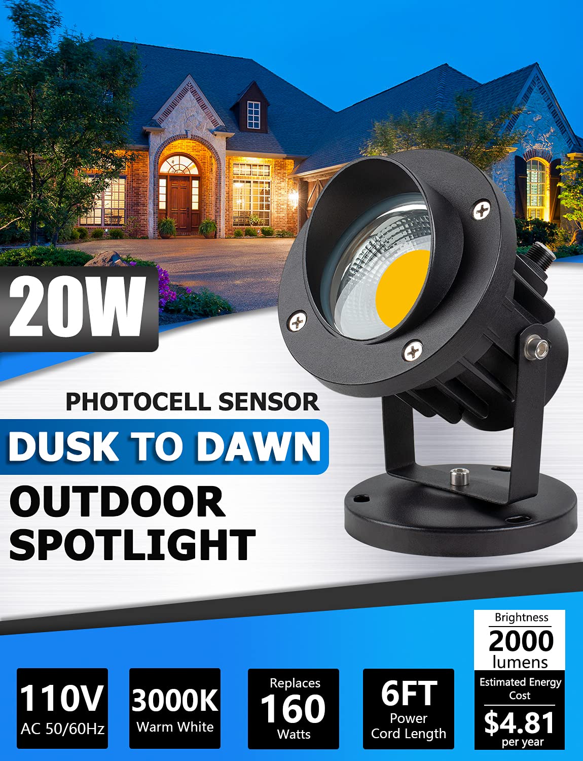 Rynx | Sunvie 20W Dimmable To Dawn Led Spotlights, Waterproof 3000K, 120V, 2 Pack,