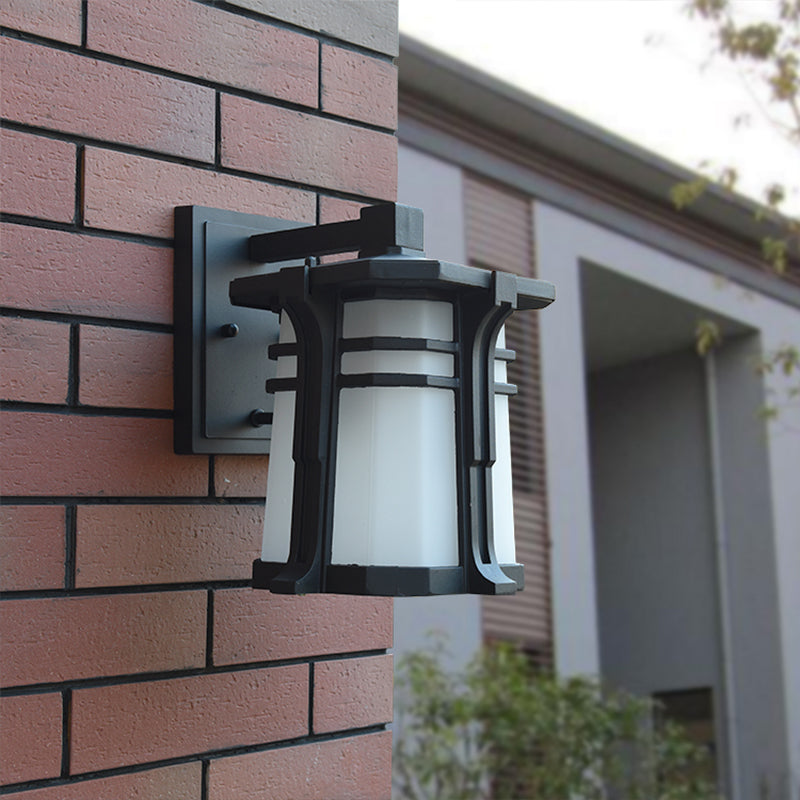 Rynx | Bronze/Black Lantern Wall Lamp Lodge Opal Frosted Glass Single Fixture Outdoor Wall Lighting