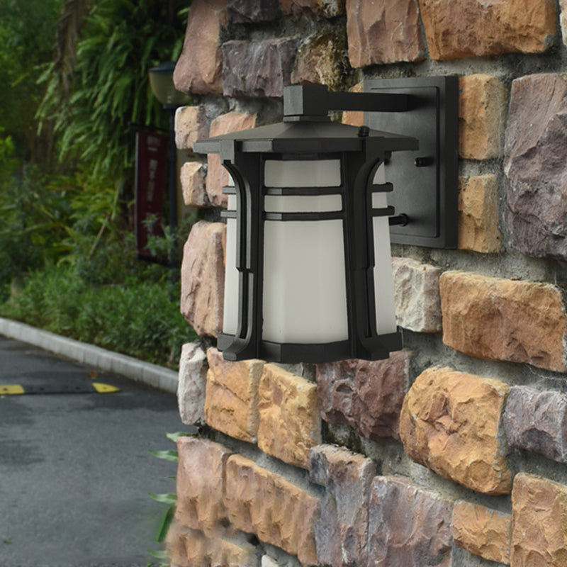 Rynx | Bronze/Black Lantern Wall Lamp Lodge Opal Frosted Glass Single Fixture Outdoor Wall Lighting